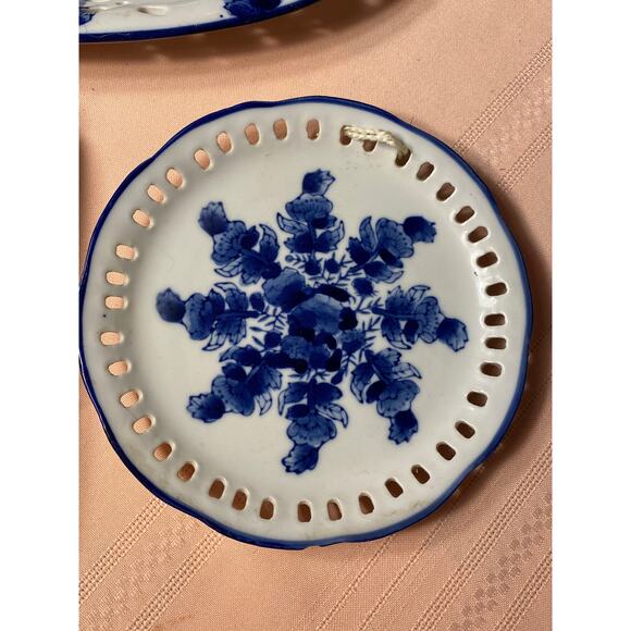 Set of 3 Dishes White with blue florals Pierced edges, shelf or wall art EUC - Picture 6 of 13
